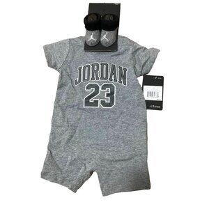NWT Jordan Baby Boy Romper & Booties Set     Gray, Black & White - 0-6 Months